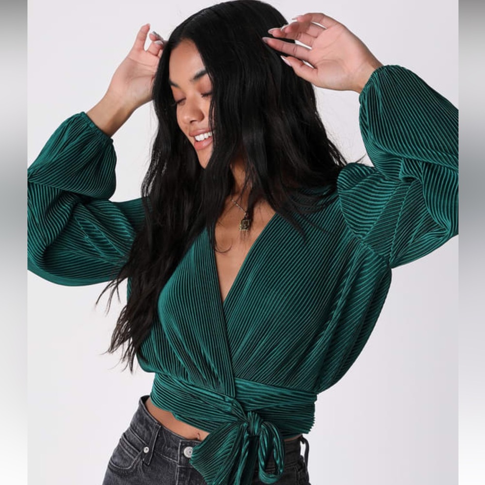 Lulus Tie Voltage Emerald Green Plisse Long Sleeve Wrap Top XL